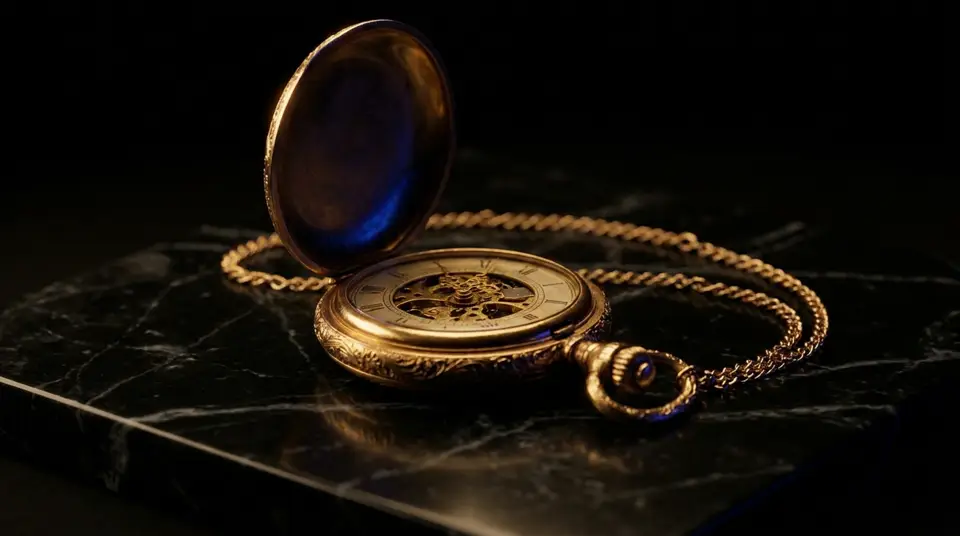 A pocket watch open on the table, works showing