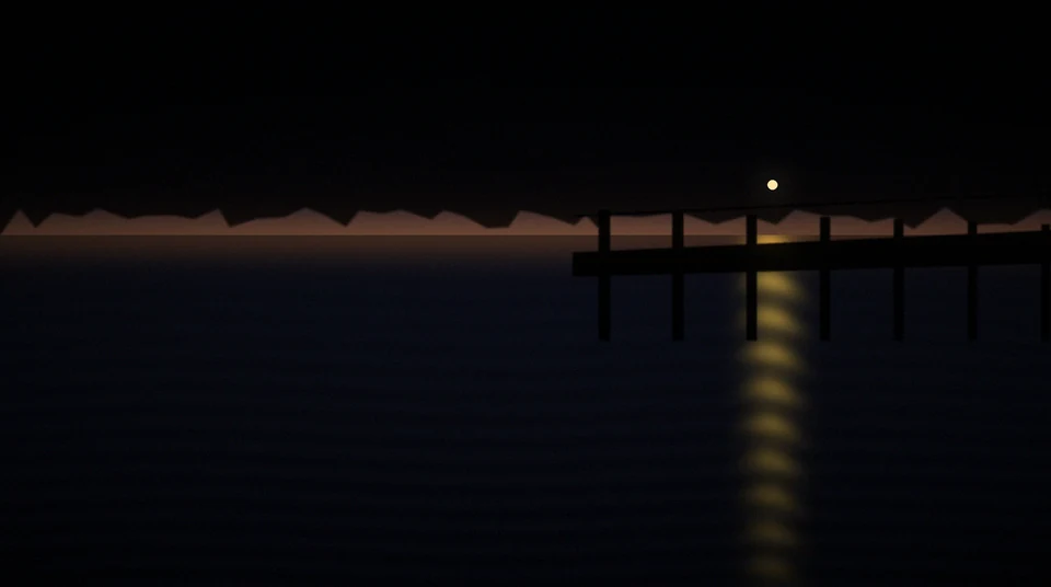 A lit dock on still lake water at dusk