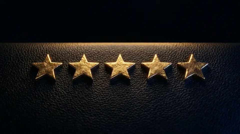 Five gold stars on dark leather
