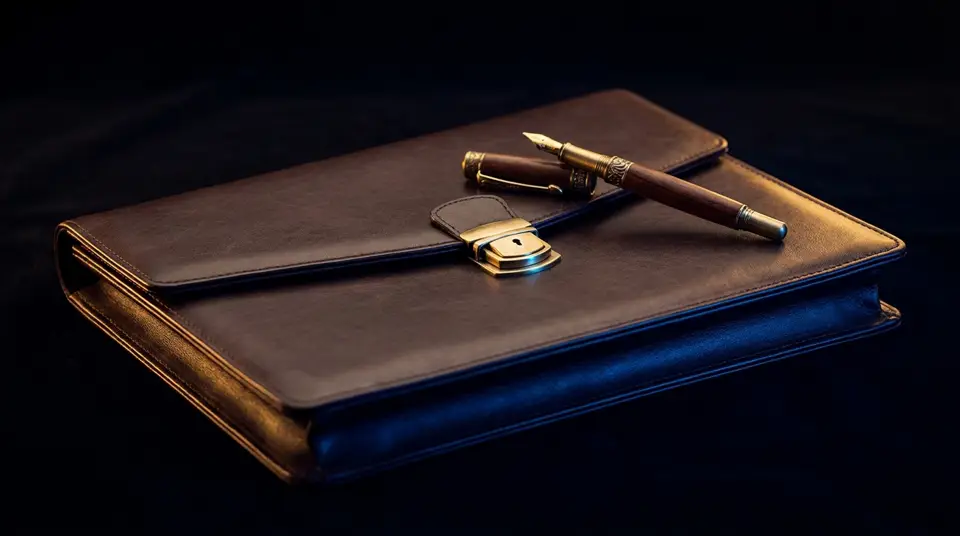 A leather folio and a pen