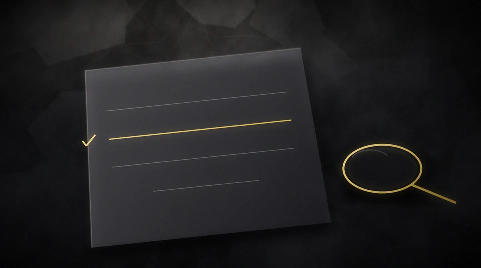 A short printed list on black paper with one line marked, a plain lens beside it