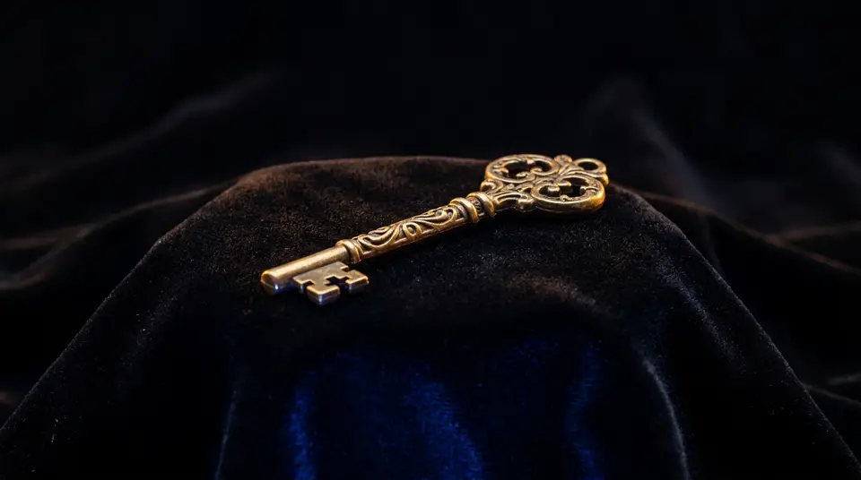 A single gold key on dark velvet