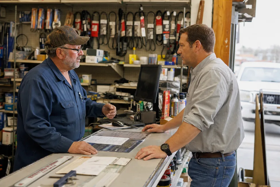 A rep and a shop owner talking over printouts spread on a parts counter