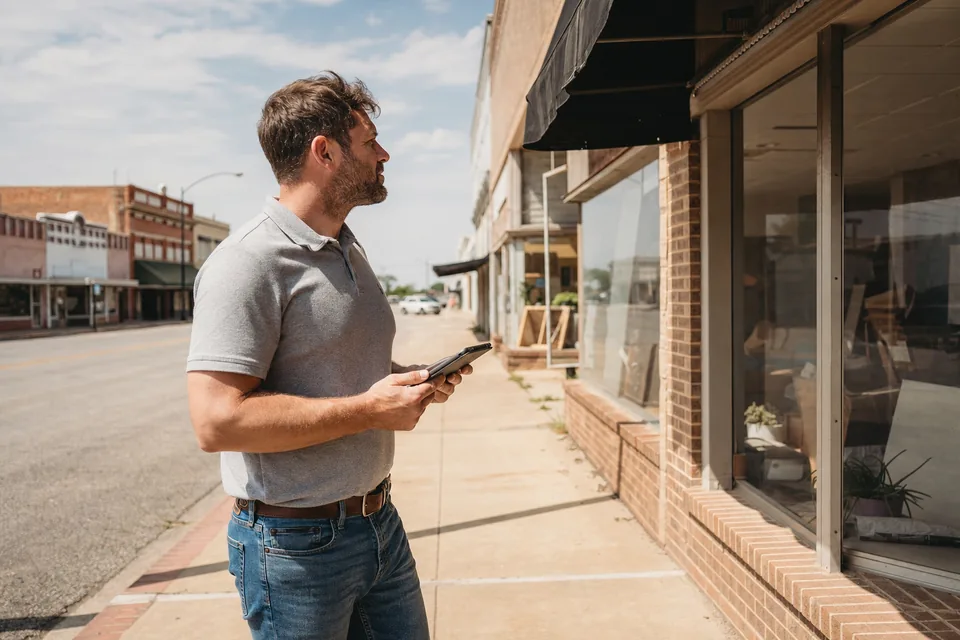 A rep outside a storefront looking at a tablet before he goes in