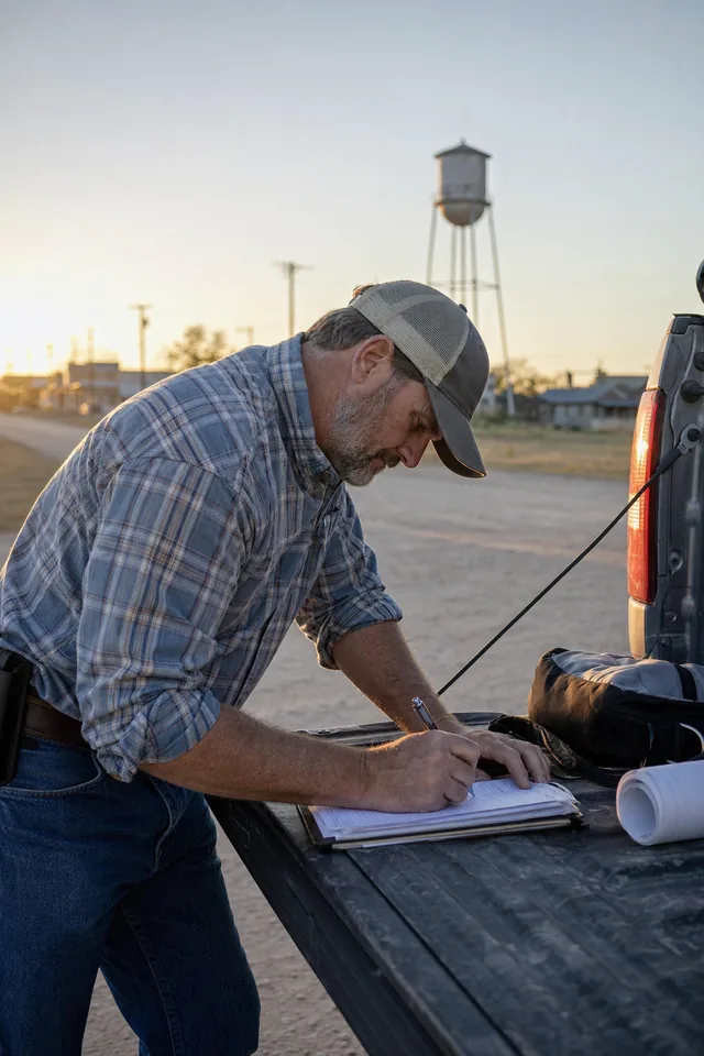A rep writing notes on a clipboard on a truck tailgate at sunset