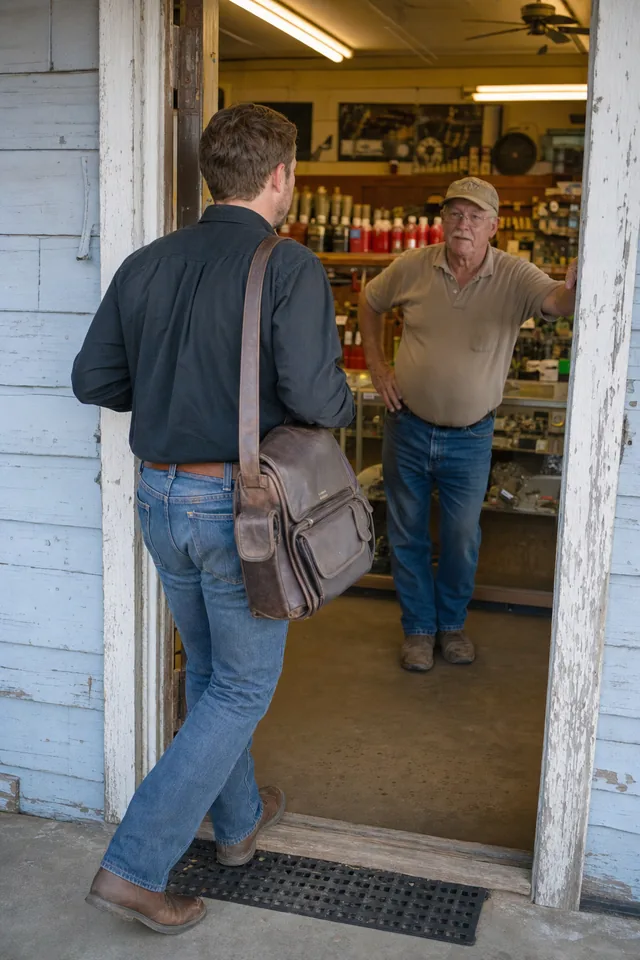 A rep stepping through the open door of a small shop as the owner looks up