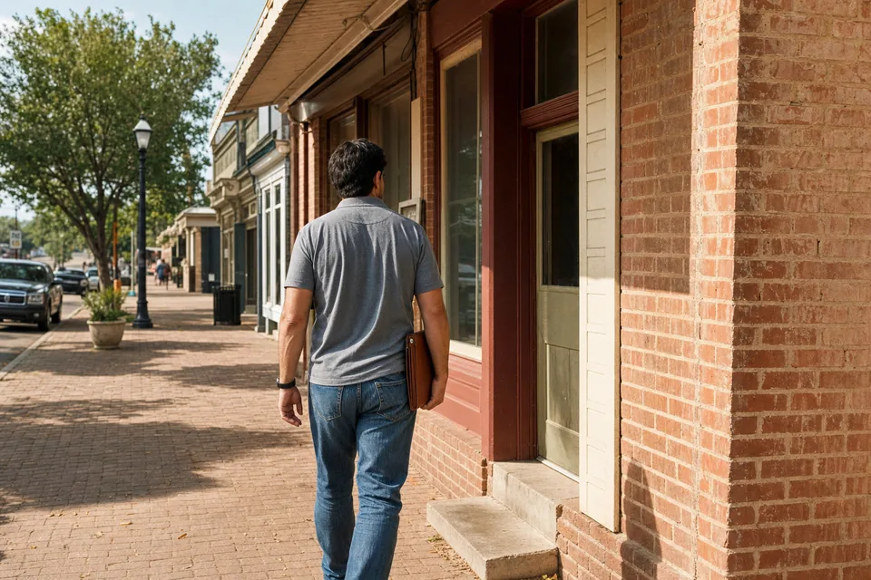 A rep walking a brick sidewalk toward a shop door with a folder under his arm