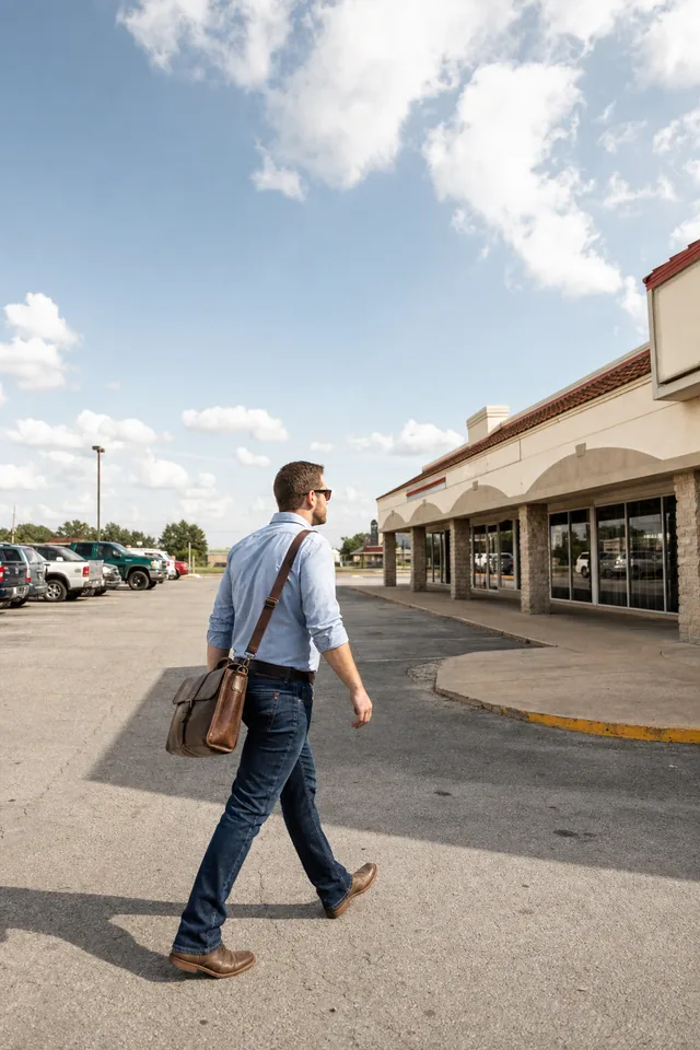 A rep crossing a strip-mall parking lot toward the storefronts, bag on his shoulder