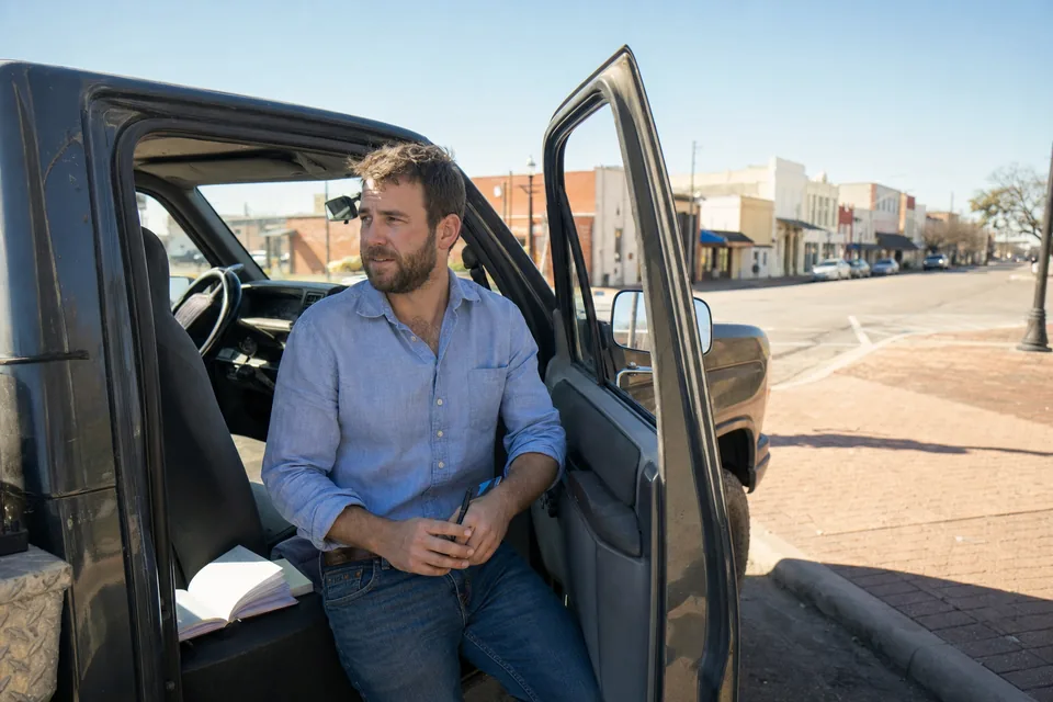 A rep at the wheel of a pickup on a small-town main street, driver door open