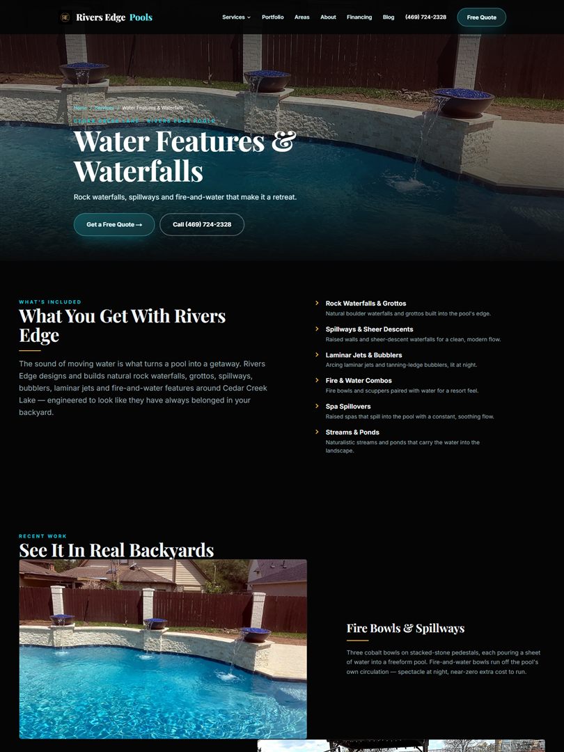 The Rivers Edge Pools water features page as it renders live — a client build.