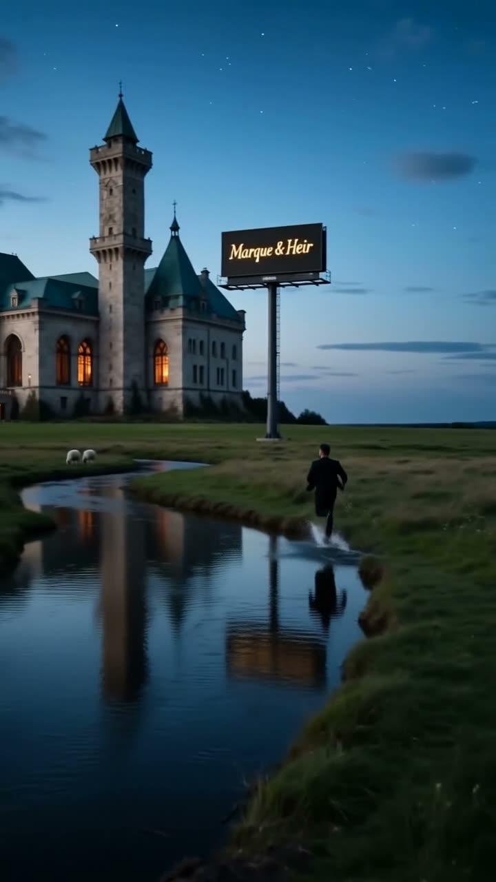 A castle at dusk beside a lit roadside billboard reading Marque and Heir, with a man in a suit running along the creek below it.