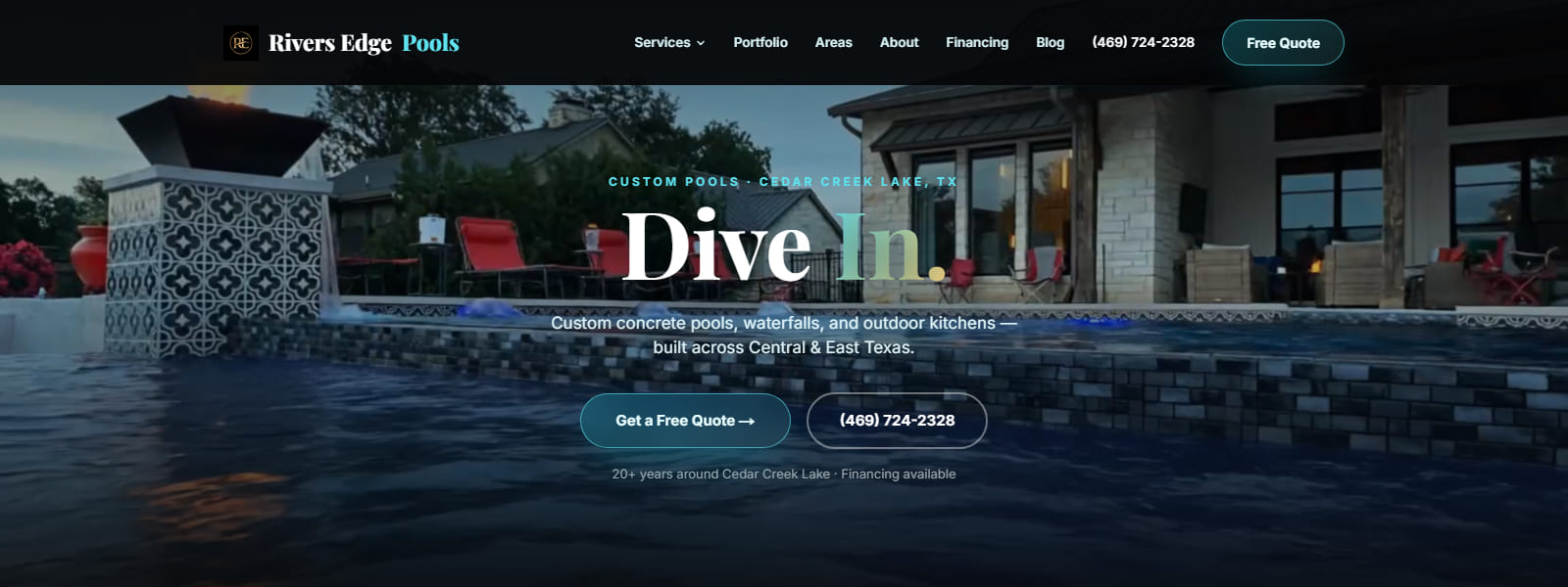 A screen capture of the riversedgepools.com homepage &mdash; the Rivers Edge Pools logo and menu across the top, the headline &ldquo;Dive In.&rdquo; over the pool, and the quote and phone buttons beneath it.