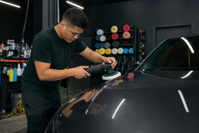 A detailer running a polisher across the hood of a dark car in a shop bay