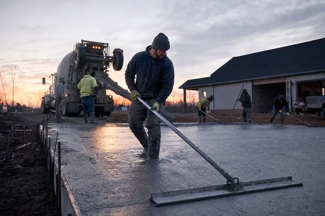 A crew screeding a fresh driveway pour at dusk with the mixer truck still on site
