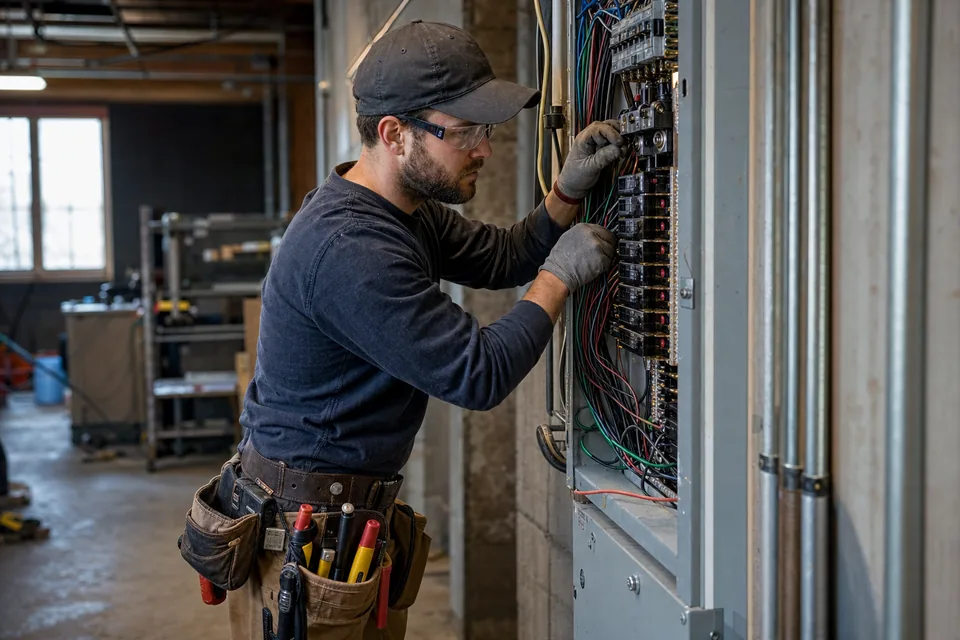 An electrician landing wires in an open panel with a tool belt on