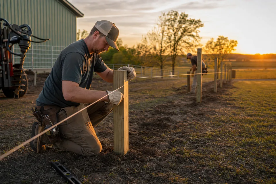 A fence builder setting a line post against a string line at sunset