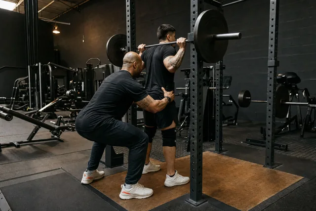 A trainer spotting a lifter under a loaded bar in a squat rack