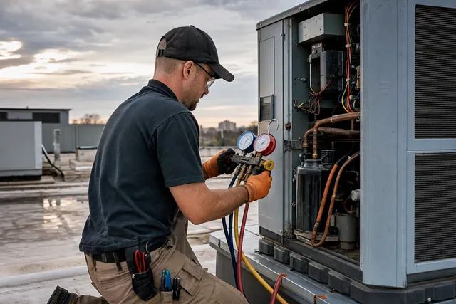 A technician reading gauges on a rooftop unit with the access panel open