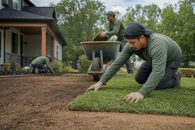A crew laying sod across a front yard with a wheelbarrow behind them