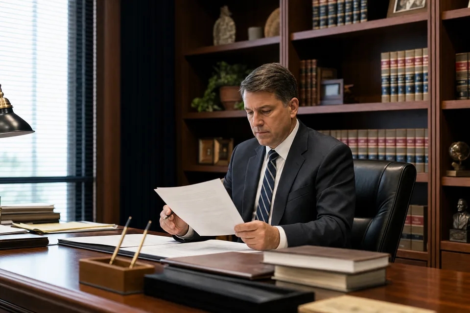 An attorney reading a document at a desk in a book-lined office
