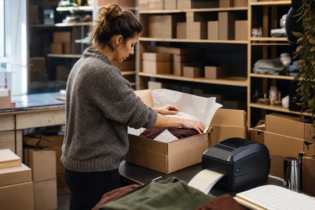 A shop owner packing an order into a box beside a label printer