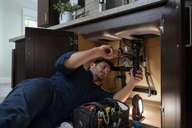 A plumber on his back under a kitchen sink working a wrench on the trap
