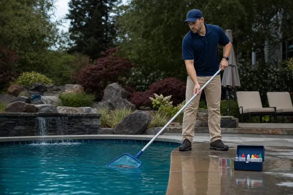 A pool tech skimming a backyard pool with a test kit open on the deck