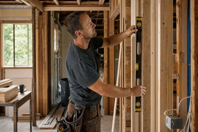 A carpenter checking a stud for plumb with a level in a framed-out room