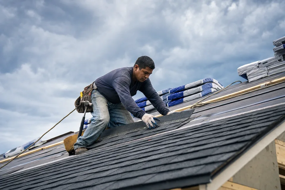 A roofer setting shingles on a steep roof with bundles stacked behind him