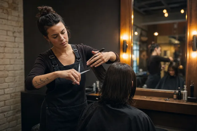 A stylist cutting a client’s hair at the chair in a salon