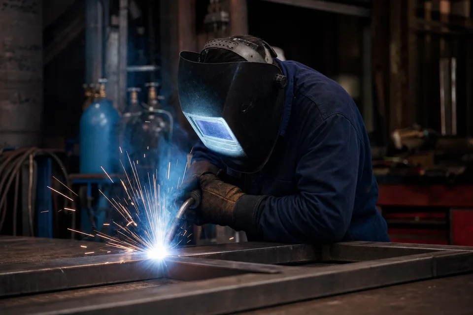 A welder running a bead on steel frame, sparks off the joint